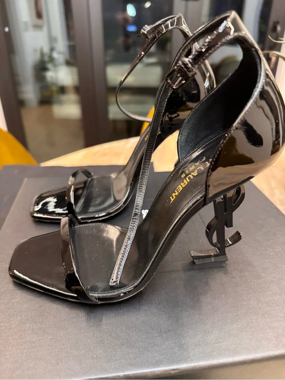 Saint Laurent Black Patent Leather Square-Toe Ankle-Strap Stilettos